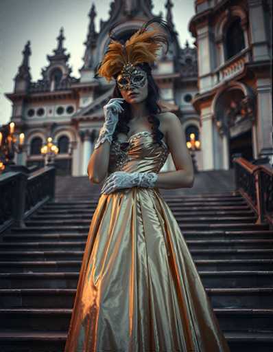 A woman is standing on a set of stairs with her hands on her hips and wearing a gold dress that reaches down to the ground. She has a mask covering her face and is looking directly at the camera. The background features a building with columns and arches, suggesting an architectural style reminiscent of Gothic or Baroque periods.