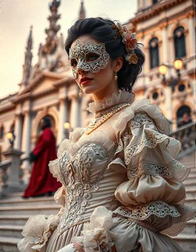 A woman is standing on a staircase with a mask covering her face and a white dress with lace sleeves and ruffles around the neck. The background features a building with columns and a dome, suggesting an architectural style from antiquity or medieval times.