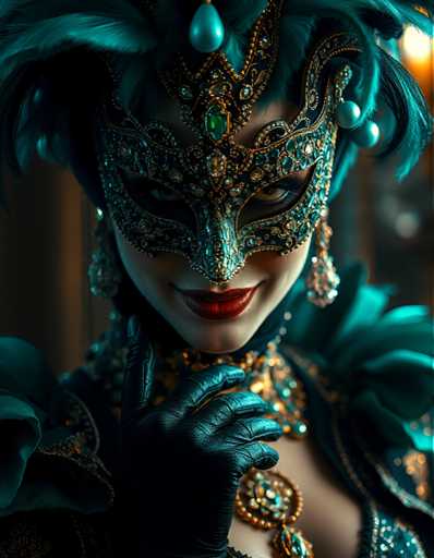 A woman is wearing an elaborate Venetian mask with a blue and gold design on her face, which includes a large green gemstone at the center of her eye. She has black gloves on her hands and is smiling warmly towards the camera. The background appears to be dark, creating a dramatic effect that highlights the woman's features.