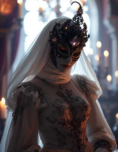 A woman is standing against a backdrop of a large window with red curtains and candles inside the room. She is wearing an ornate mask that features a black headpiece adorned with jewels and a white veil. The mask has a long train extending down her back.