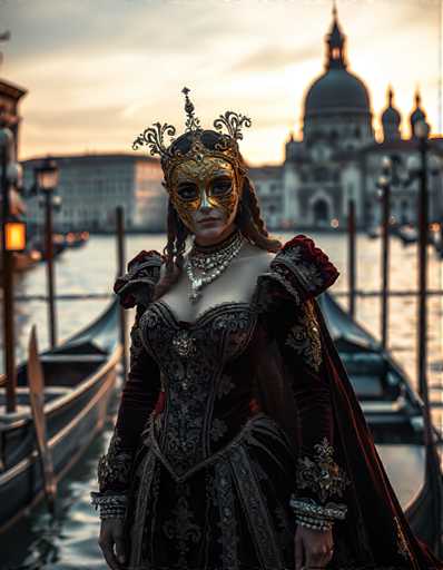 A woman stands on a dock with her back to the camera, wearing a medieval-style costume that includes a crown and mask. The setting is Venice, Italy, with boats visible in the background.