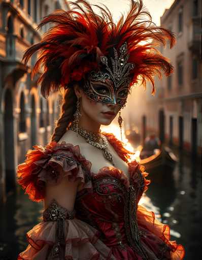 A woman is standing on a street wearing a vibrant red and gold dress with a large feather headdress that has a black and white patterned design. She is also wearing a mask with a blue and gold design. The background shows buildings lining the street, suggesting an urban setting.