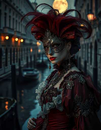 A woman is standing on a bridge at night, wearing an ornate red dress and a mask with feathers. She has her hands clasped together in front of her. The background features the silhouette of buildings against a dark sky, with a full moon visible in the distance.