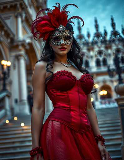 A woman is standing on a staircase with her back to the camera and wearing a red corset, feathered mask, and red dress that matches the color of the feathers on her headpiece. The stairs lead up to an ornate building in the background, which appears to be a castle or palace.