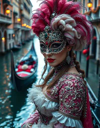 A woman is standing on a boat with her back turned towards the camera. She is wearing a pink and white feathered mask that covers most of her face, and she has long brown hair. The boat behind her is black and appears to be moving through the water.