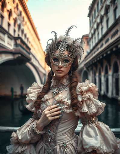 A woman is standing on a bridge with her hands clasped together and wearing a beautiful white dress adorned with gold accents that includes a mask. The setting appears to be Venice, Italy, as suggested by the presence of an archway in the background.