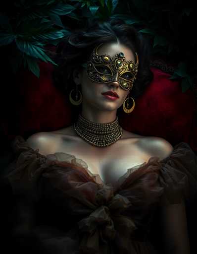 A woman is captured in a moment of quiet contemplation, her gaze directed off to the side with an air of mystery. She wears a mask that conceals her face and features a gold necklace and earrings that shimmer against the dark backdrop. The setting appears to be indoors, with a red couch visible behind her.