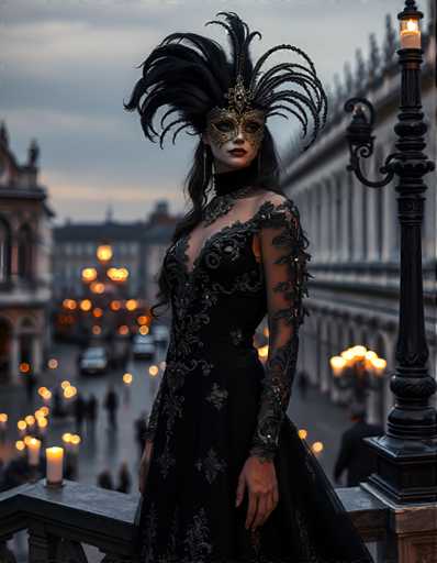 A woman stands on a balcony with her back to the camera, wearing a black dress adorned with gold embroidery and a feathered headpiece. The balcony is situated in front of a building with ornate architecture, suggesting an urban setting.