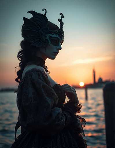 A woman is captured in a moment of solitude on a pier at sunset. She wears a black and gold mask that conceals her face, adding an air of mystery to the scene. The setting sun casts a warm glow over the water, creating a serene backdrop for this solitary figure.