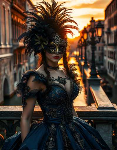 A woman is standing on a balcony with her back to the camera, wearing a blue dress and a feathered mask that matches the color of the sky behind her. The sky has hues of orange and yellow, suggesting either sunrise or sunset. In the background, there are buildings visible in the distance.