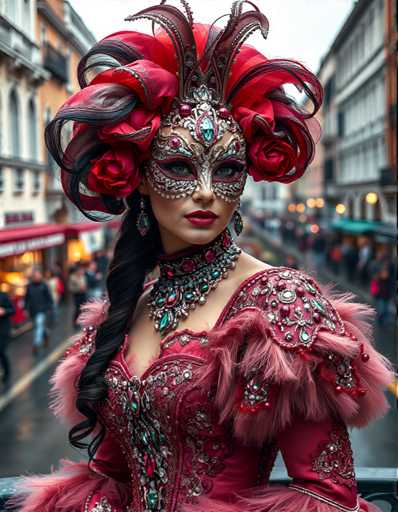 A woman is standing on a balcony with her back turned towards the camera. She is wearing a vibrant red and gold costume that includes a large headpiece adorned with feathers and intricate beading. The costume features a long train of hair cascading down to the floor below. In the background, there are buildings visible through the window, suggesting an urban setting for this scene.