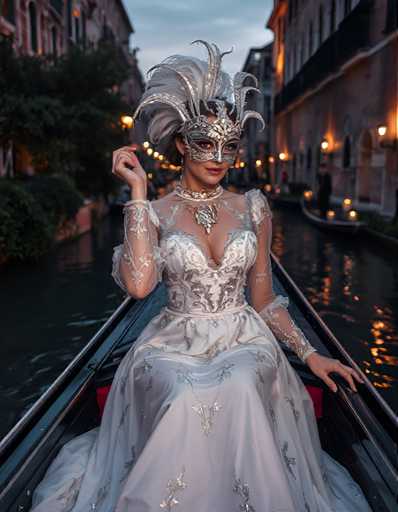 A woman is seated on a boat in Venice, Italy, wearing a white dress and a Venetian-style mask with feathers. The boat she's sitting on has red seats and the water around her reflects the lights from the buildings lining the canal.