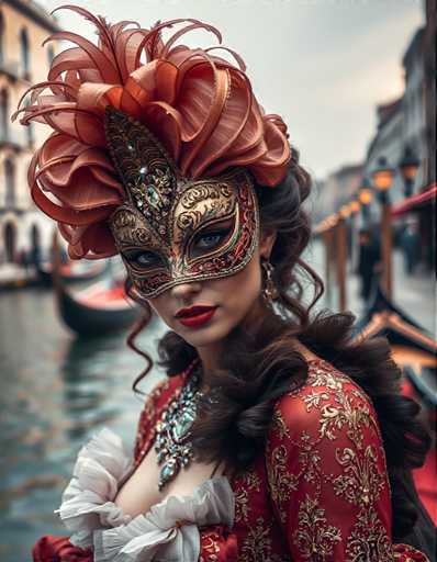 A woman is standing on a boat with her back turned towards the camera. She is wearing an ornate Venetian mask and a red dress that matches the color of the boat she's on. The boat has a white roof and is docked in front of a building, suggesting it might be a tourist attraction or a popular spot for sightseeing.
The woman appears to be posing for the photo with her head tilted slightly to the left side.