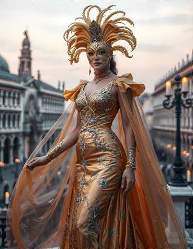 A woman is standing on a balcony with her back to the camera, wearing an ornate gold dress and a mask that features feathers and a large headdress. The balcony overlooks a cityscape of buildings under a cloudy sky.