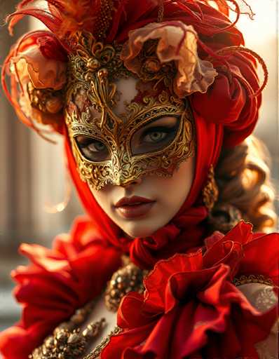 The image shows a close-up portrait of a woman wearing an ornate Venetian mask and a red dress with ruffles. The mask is adorned with gold accents and features a large flower at the center. The woman's face is partially obscured by the mask, but her eyes are clearly visible.