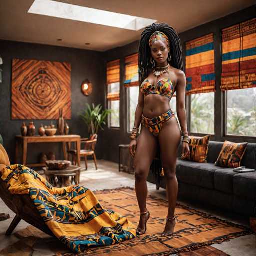 A woman stands confidently on a rug in a room with large windows that let in natural light. She is wearing a colorful bikini top and matching swimsuit, and her hair is styled in dreadlocks. The room features a wooden table, chairs, and a painting on the wall behind her.