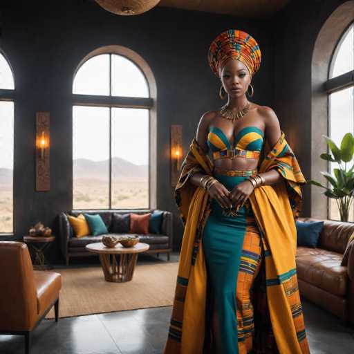 A woman is standing in a room with large windows that offer a view of the desert landscape outside. She is wearing an orange and yellow dress with a green skirt and a matching headpiece. The room has brown leather couches arranged around a coffee table, which holds several bowls and vases. A potted plant sits on one side of the room, adding a touch of greenery to the space.