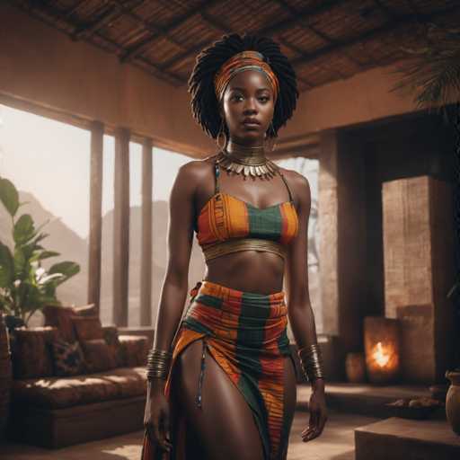 A woman with dreadlocks and a colorful skirt stands confidently in front of a window, wearing an orange and green striped top and a gold necklace. The room is filled with natural light from the large window behind her, creating a warm and inviting atmosphere.