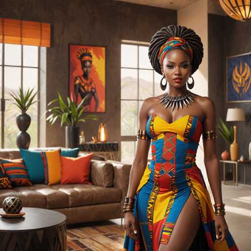 A woman stands confidently in a room with a brown leather couch and a coffee table adorned with colorful throw pillows. She wears a vibrant dress that features a blue skirt and a yellow top, complemented by a necklace and earrings. The walls are decorated with paintings of African women wearing traditional clothing, adding to the cultural richness of the scene.