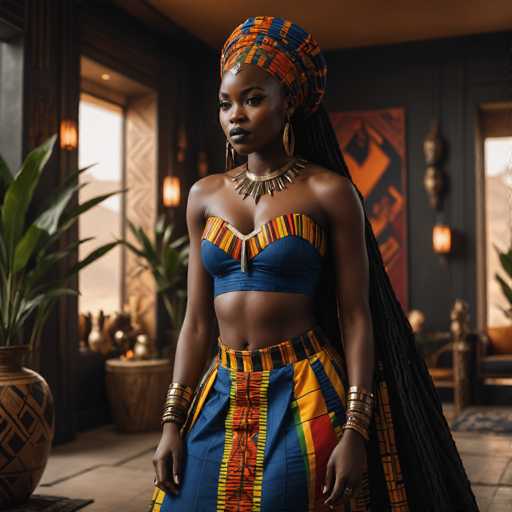 A woman stands confidently in a room with large windows and a black wall backdrop featuring an abstract painting. She wears a blue and orange striped dress that reaches down to her knees, paired with gold earrings and a gold necklace. The woman's hair is styled in braids, adding to the regal appearance.