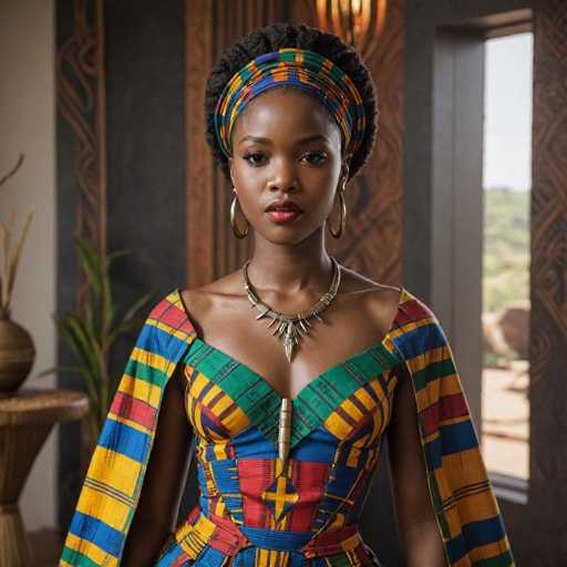 A woman is standing in front of a window with her hair styled in an afro and wearing a colorful dress that includes a necklace and earrings. The background features a wooden wall adorned with a plant on the left side.