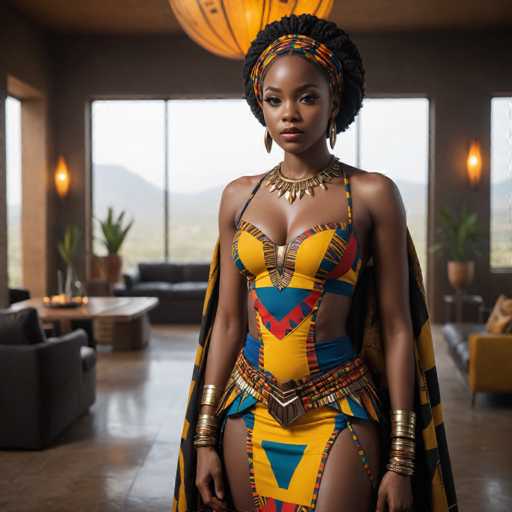 A woman stands confidently in a room with large windows and a chandelier hanging from the ceiling. She wears a vibrant yellow dress adorned with blue and red patterns, complemented by gold earrings and bracelets that add to her regal appearance. The woman's gaze is directed straight at the camera, creating an engaging connection between her and the viewer.