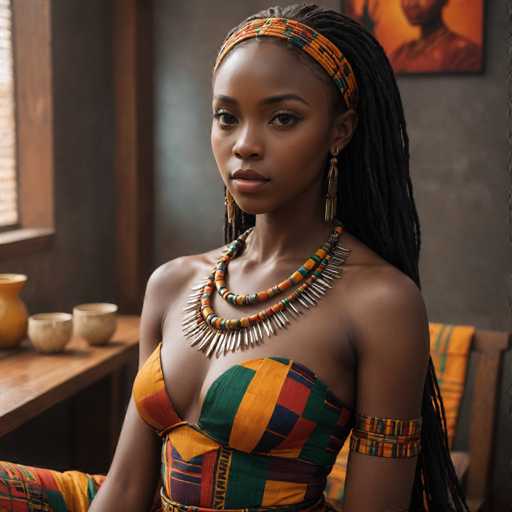 A woman with long dreadlocks and a colorful dress is seated at a table with two cups of coffee on it. The background features a wooden wall with an orange painting hanging above the table.