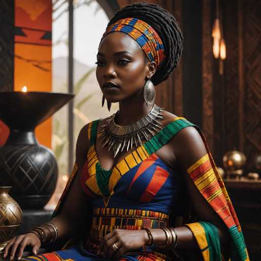 A woman with long dreadlocks and a colorful headband is seated on a chair in front of a window, wearing a blue dress adorned with gold accents and a matching headpiece. The room features a black vase filled with flowers and other decorative items, including a large pot and a smaller one.