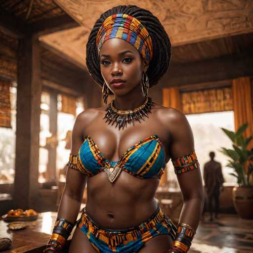 The image shows a woman wearing traditional African attire and accessories. She is posing for the camera with her head tilted back and looking directly at it. The woman's outfit consists of a blue and orange striped bikini top paired with a matching skirt that features a gold chain design. She wears a colorful head wrap, a necklace made from beads, and earrings crafted from shells. In the background, there is a wooden table holding various objects such as vases and bowls.