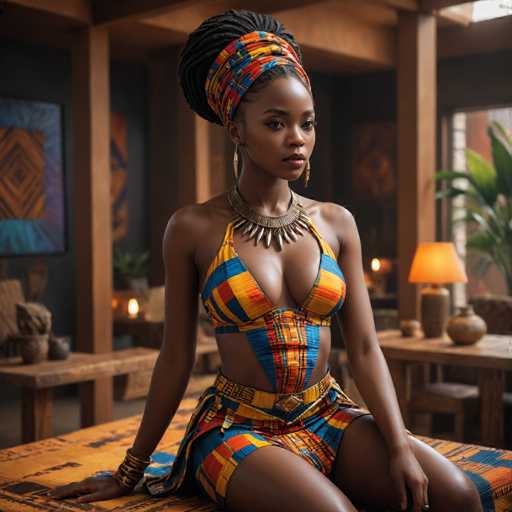 A woman is seated on a wooden bench with her legs crossed and wearing a colorful outfit that includes a head wrap and necklace. The setting appears to be indoors, possibly in a room with a window or other sources of natural light.