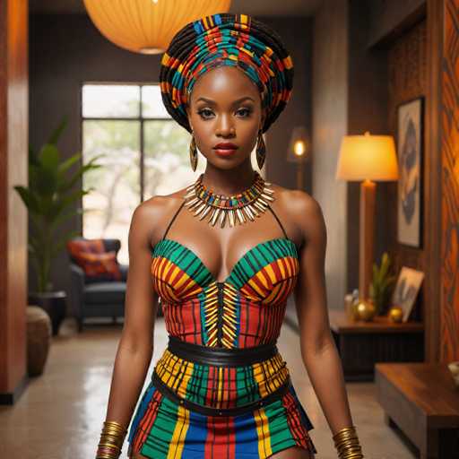 A woman is standing in a room with a large window behind her and a lamp on the right side of the image. She is wearing a colorful dress that has stripes of blue, green, yellow, red, and orange. The dress also features a belt cinched at the waist to accentuate its design. The woman's hair is styled in an afro, and she wears a headband with a colorful pattern on it.