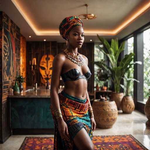 A woman stands confidently on a red and gold rug in a room with black walls and large windows that let in natural light. She wears a colorful head wrap and necklace, and her outfit includes a skirt and blouse. The room features several potted plants and vases of varying sizes scattered around the space.