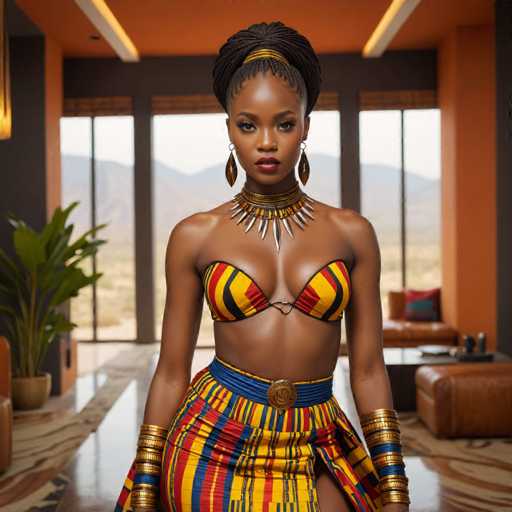 A woman with braided hair wearing a colorful skirt and necklace stands confidently against the backdrop of a large window that offers a view of mountains.