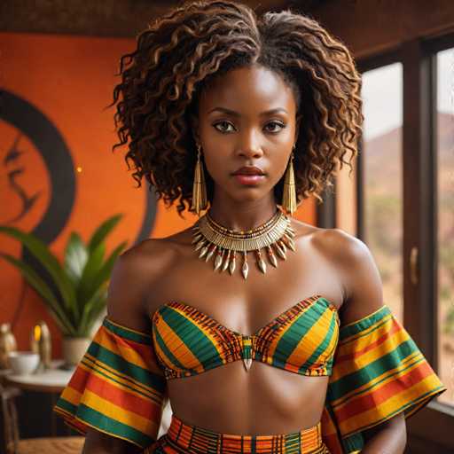 The image shows a woman with long brown hair and large, curly afro hairstyles wearing a colorful striped top and skirt. She is wearing gold earrings that match the color of her skirt. The setting appears to be indoors, as there are two potted plants in the background, one on each side of the frame.