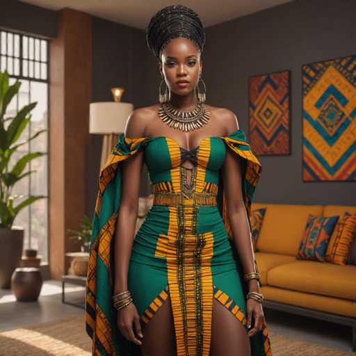 A woman stands confidently against a gray wall adorned with colorful geometric patterns and paintings. She wears a striking green dress with gold accents that reaches down to her knees, paired with a matching head wrap. The woman's hair is styled in an elegant updo, and she wears earrings and bracelets as part of her fashionable attire.