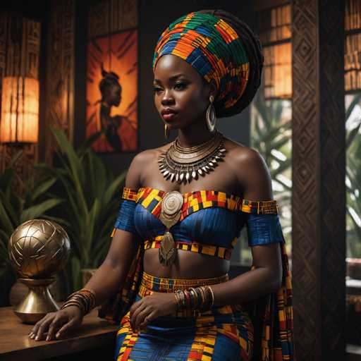 A woman is seated at a desk with a gold trophy on it. She is wearing a colorful dress and a head wrap adorned with beads. The background features a window with blinds that allow in soft light, creating an atmosphere of mystery and intrigue.