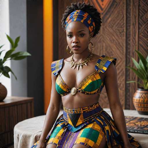 A woman is seated at a table with a book and vase behind her. She is wearing a colorful outfit that includes a skirt and top, both of which feature intricate patterns. The skirt has a blue and green pattern, while the top displays a yellow and orange design. The woman's hair is styled in an afro, and she wears earrings as part of her attire.