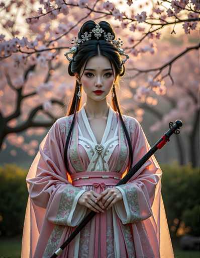 A woman dressed in traditional Chinese clothing stands in a park surrounded by cherry blossom trees with pink flowers. She holds a black staff and wears a pink dress adorned with white embroidery.