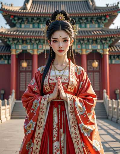 A young woman dressed in traditional Chinese clothing stands before a red and gold temple with intricate decorations and gold accents. She is wearing an orange dress with white floral patterns and a gold headpiece. The temple has a green roof and red walls, creating a striking contrast against the clear blue sky.