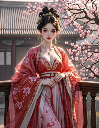 A woman is standing on a wooden balcony with her arms crossed and wearing traditional Chinese clothing that includes a red and gold dress adorned with pink flowers. The background features a building with a tiled roof and cherry blossom trees in full bloom.