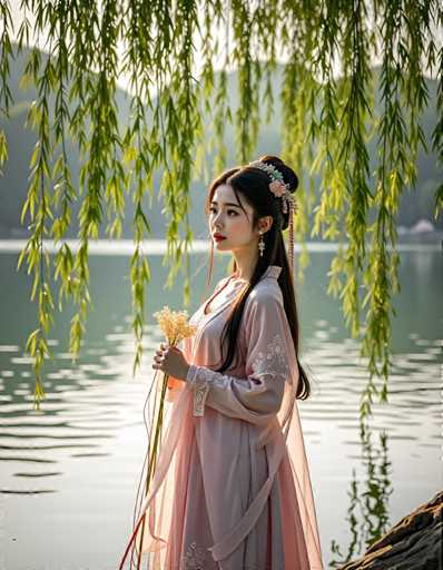 A young woman dressed in traditional Chinese clothing stands on a rock by the water's edge, holding a bouquet of flowers and gazing out at the lake.