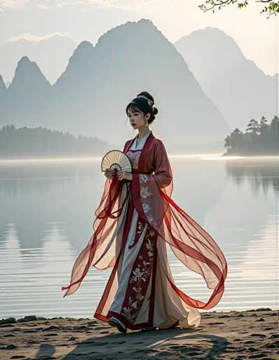 A woman dressed in traditional Chinese clothing stands on a sandy beach, holding a fan and gazing out at the water. The background features mountains under a hazy sky.