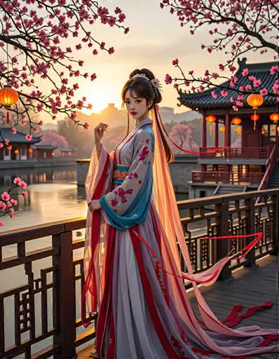 A woman is standing on a wooden bridge with her hair styled in an elegant updo and wearing traditional Chinese clothing that includes a long red and white dress adorned with gold accents. The setting features a serene river flowing through the scene, with pink cherry blossoms blooming nearby, and a traditional Chinese building visible in the background.