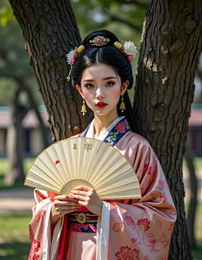 A young woman dressed in traditional Chinese clothing stands against a backdrop of trees and buildings, holding a fan with her right hand while wearing a pink and white kimono adorned with floral patterns on the sleeves.