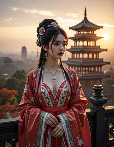 A woman dressed in traditional Chinese clothing stands on a balcony overlooking a cityscape at sunset. The woman is wearing a red and gold dress with intricate embroidery and a matching headpiece adorned with flowers.