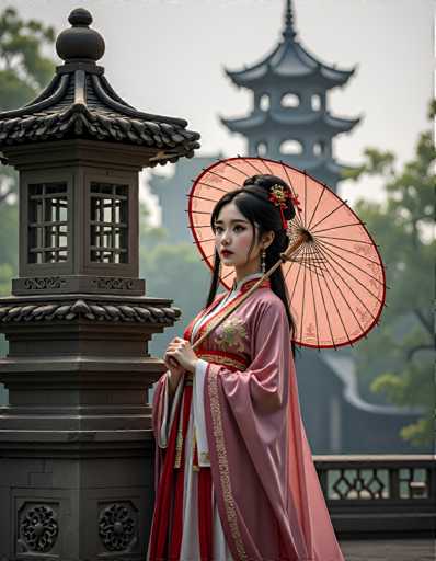 A woman dressed in traditional Chinese clothing stands on a stone platform with her arms crossed and holding an open umbrella. The background features a pagoda-like structure made of gray stone, surrounded by lush green trees.