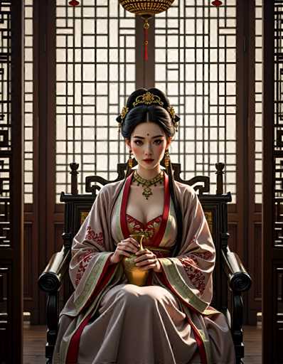 A woman dressed in traditional Chinese clothing is seated on a wooden chair with gold accents and holding a golden vase. The background features a window adorned with intricate black and white lattice work.