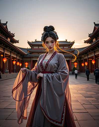 A woman dressed in traditional Chinese clothing stands on a stone walkway at the entrance of a temple complex. The temple is adorned with red and gold accents that glisten under the sunlight. The sky above is painted in shades of orange, suggesting either sunrise or sunset. In the background, there are other people walking around the temple grounds.