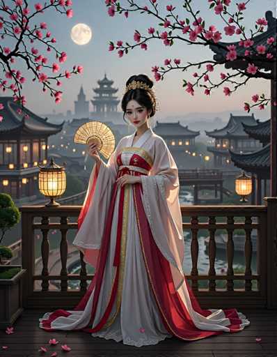 A woman dressed in traditional Chinese clothing stands on a wooden balcony with a view of the city skyline and cherry blossom trees below. She holds a fan in her right hand.