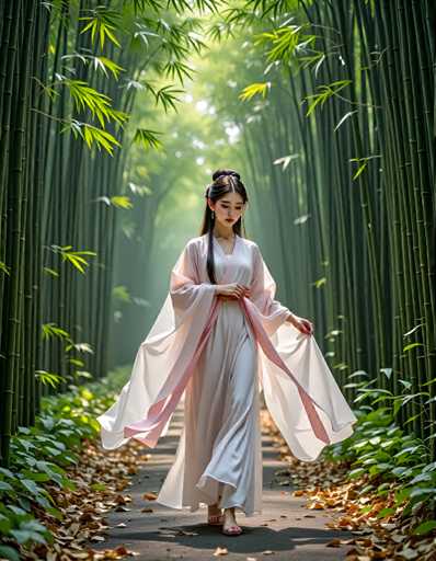 A woman dressed in traditional Chinese clothing is walking down a path lined with tall bamboo stalks and surrounded by lush greenery.